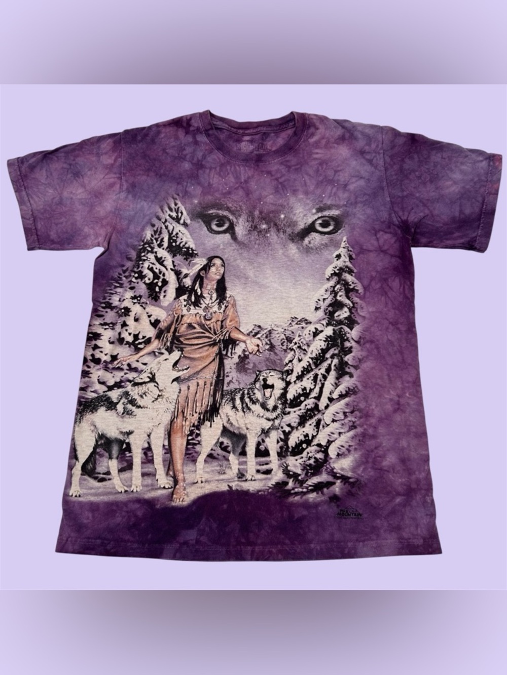 Y2K The Mountain Wolf Indian Whisperer Graphic Tee Purple Tie Dye Small